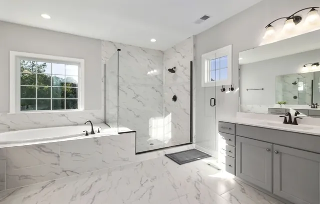 Marble bathroom with double vanity