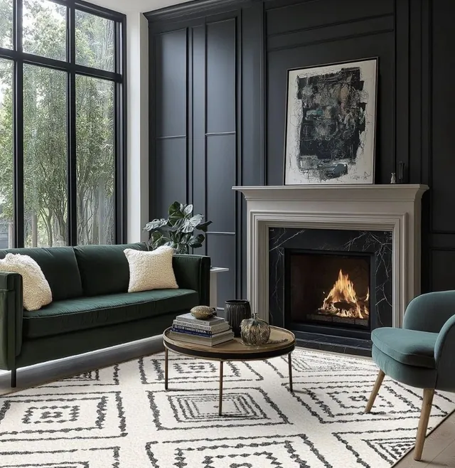 Dark panelled living room with fireplace