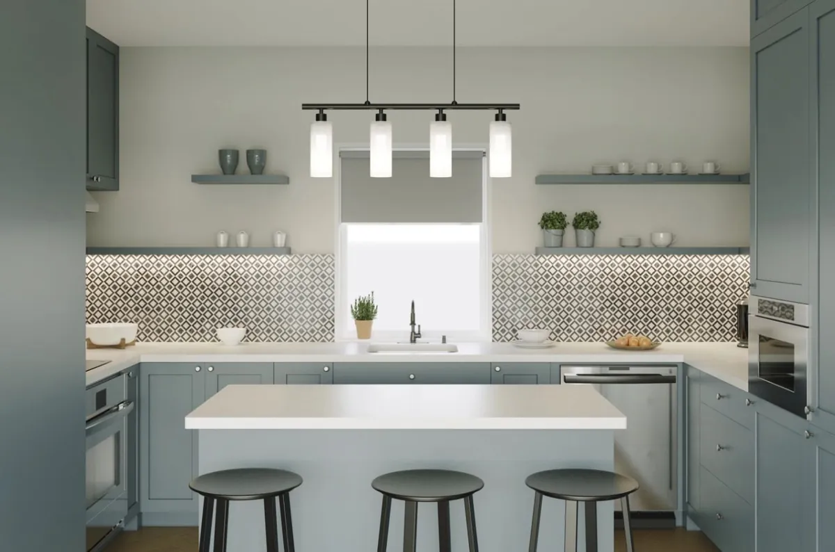 Green kitchen with patterned splashback