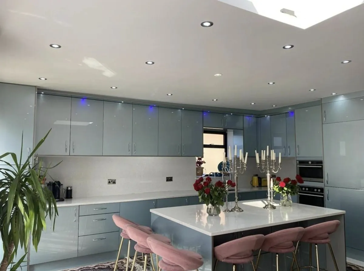 Pale blue kitchen with island