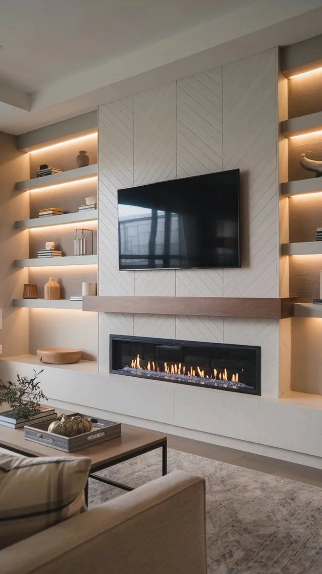 Living room media wall with fireplace and lit shelving